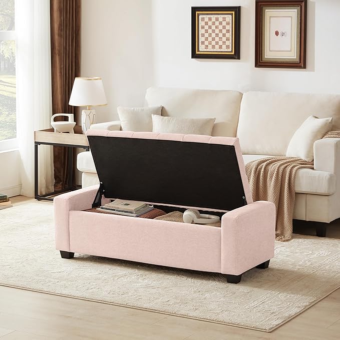 48" Ottoman with Storage, Pink Storage Ottoman Bench with Safety Hinge, Upholstered Entryway Bench with Seating for Bedroom, Living Room, Holds up to 330 lb-PurrikoPets