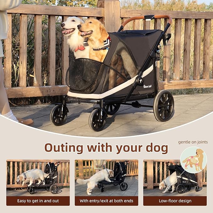 Dog Stroller for Large Dogs One-Click Folding 4 Wheel Foldable Dog Stroller for 2 Dogs with Storage Pocket Suitable for Pets Up to 110LBS (Black, Large)-PurrikoPets