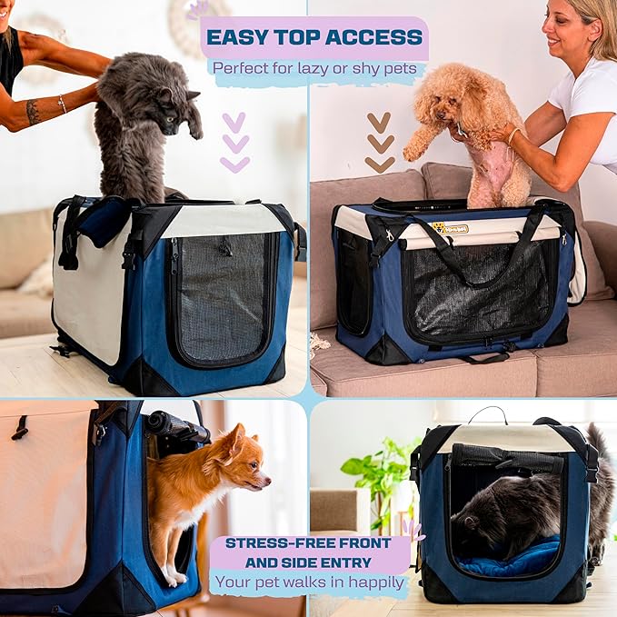 Extra Large Dog Cat Puppy Carrier 24"x16"x16" Foldable Soft Sided Travel Crate Portable Pet Kennel With Cushion Reduces Anxiety Saves Space Easy Vet Visits Secure Triple Entry Mesh Lightweight Durable-PurrikoPets