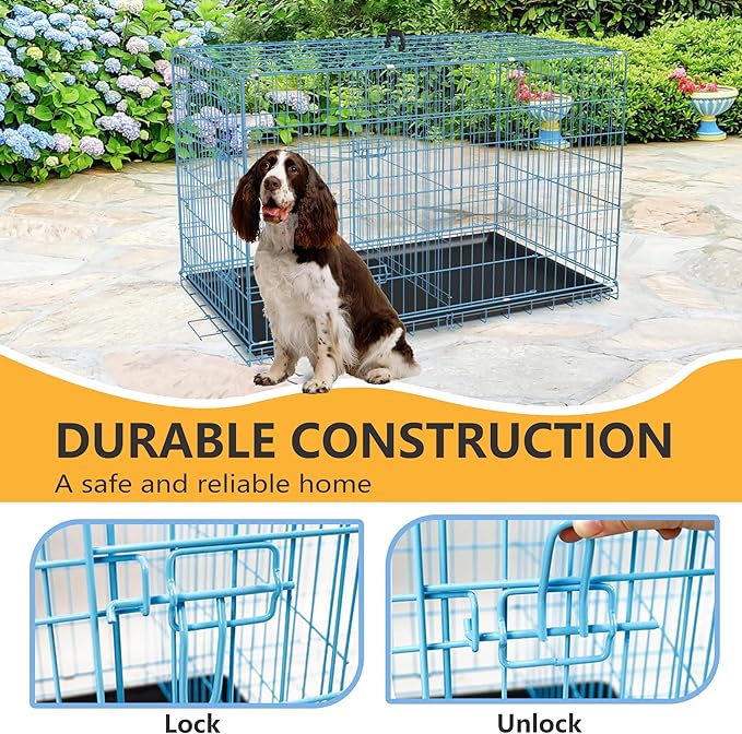 FDW Dog Crate for Medium Dogs 36 Inch Folding Metal WirePet Cage Double Door W/Divider Panel Indoor Outdoor Kennel Leak-Proof Plastic Tray,Blue-PurrikoPets