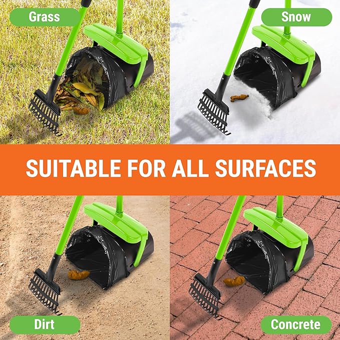 Dog Pooper Scooper with Bag Attachment, 40" Long Handle Pooper Scooper for Large Dogs, Dog Poop Scoop for Yard, Large Capacity Swivel Bin and Rake, Lavender Scented Bags (Green)-PurrikoPets