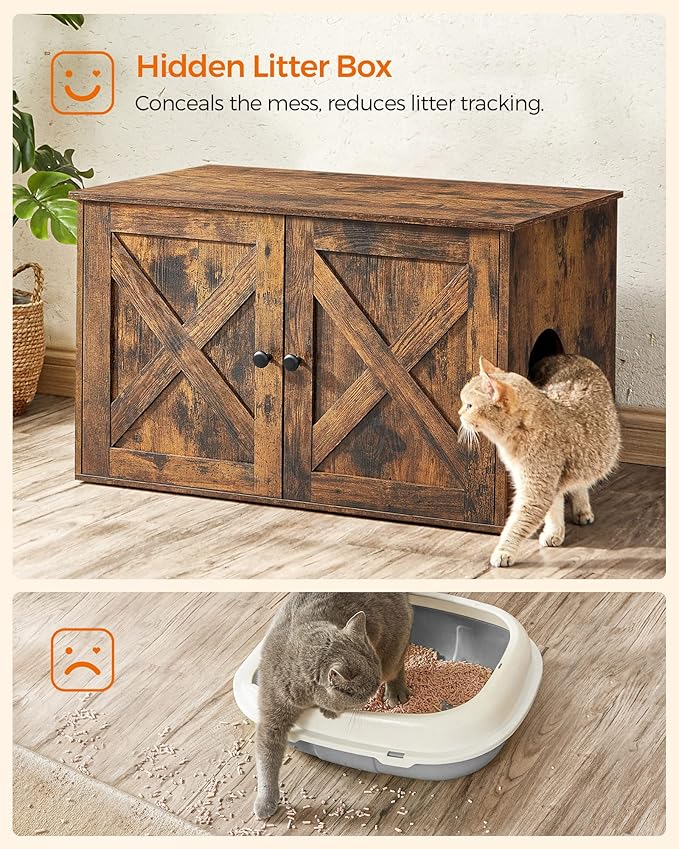 Feandrea Cat Litter Box Enclosure, Litter Box Furniture Hidden with Removable Divider, Indoor Cat House, End Table, 31.5 x 20.9 x 19.7 Inches, Rustic Brown UPCL002X01-PurrikoPets