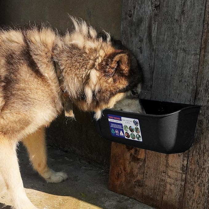 Goovilla Large Feed Trough, Hanging or Screw-in Fence Feeder with Clips, 2 Pack 9 Quart Goat Feeder Supplies, Dog Horse Hog Pig Livestock Poultry Plastic Feeder Trough Bucket for Large Animal, Black-PurrikoPets