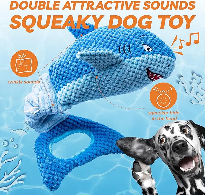 Dog Toys for Large Dogs, Squeaky Dog Toys for Aggressive Chewers, Plush Dog Chew Toys for Teething, Interactive Shark Dog Toys to Keep Them Busy Tug Of War Puppy Toys for Small,Medium,Large Breeds-PurrikoPets