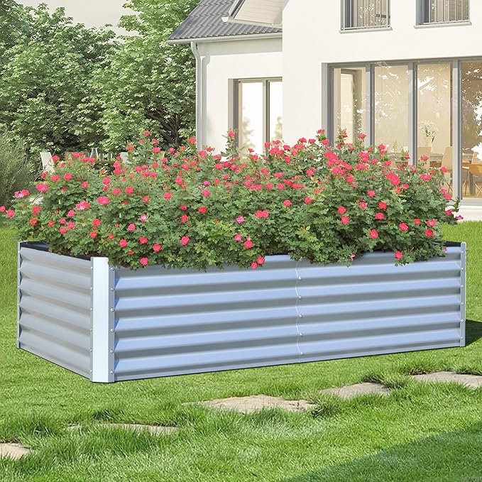 Domi Raised Garden Beds Outdoor, 6x3x1.5Ft Thickening Tall Metal Rectangular Deep Root Box Planter for Vegetables, Flowers, Herbs, and Succulents 1.5" Deep w/ 192 Gallon Capacity - Silvery-PurrikoPets