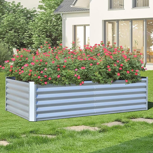 Domi Raised Garden Beds Outdoor, 6x3x1.5Ft Thickening Tall Metal Rectangular Deep Root Box Planter for Vegetables, Flowers, Herbs, and Succulents 1.5" Deep w/ 192 Gallon Capacity - Silvery-PurrikoPets
