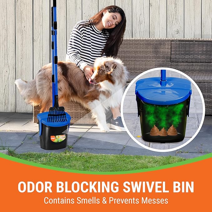 Dog Pooper Scooper with Bag Attachment, 40" Long Handle Pooper Scooper for Large Dogs, Dog Poop Scoop for Yard, Large Capacity Swivel Bin and Rake, Lavender Scented Bags (Blue)-PurrikoPets