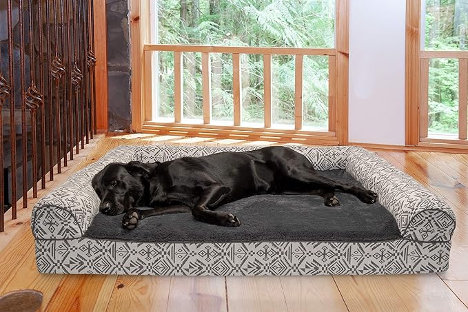 Furhaven Orthopedic Dog Bed for Large Dogs w/ Removable Bolsters & Washable Cover, For Dogs Up to 125 lbs - Plush & Southwest Kilim Woven Decor Sofa - Boulder Gray, Jumbo Plus/XXL-PurrikoPets