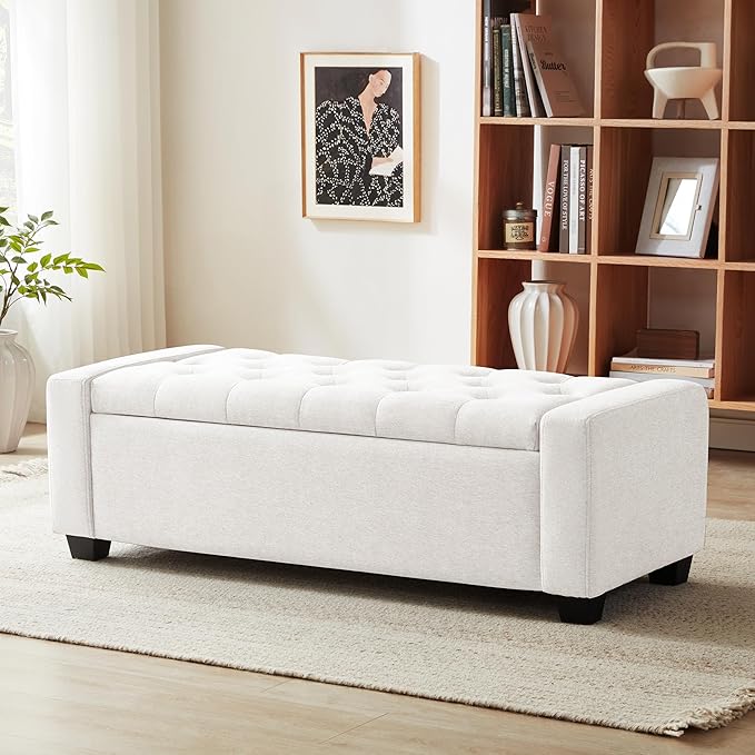 48" Ottoman with Storage, White Storage Ottoman Bench with Safety Hinge, Upholstered Entryway Bench with Seating for Bedroom, Living Room, Holds up to 330 lb-PurrikoPets