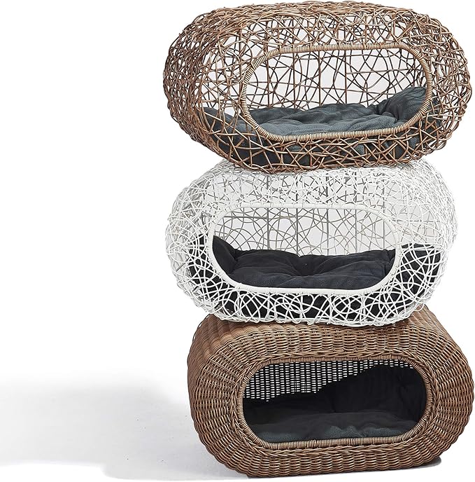 Fun Stackable Wicker Cat Hideaway House - Interactive Play Rattan Cat House for Indoor Cats Kitty, Pet Friendly Top/Side House Entry, Cat Bed Enclosed-PurrikoPets
