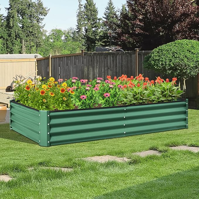Domi Galvanized Raised Garden Bed, 8x4x1Ft Thickening Metal Planter Box for Vegetables Bottomless for Backyard Outdoor, 1" Deep w/ 228 Gallon Capacity - Green-PurrikoPets