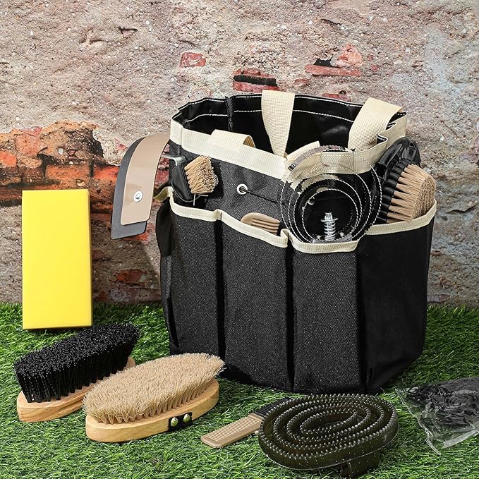 Abbylike 12 Pieces Horse Grooming Kit with Organizer Tote Bag Tack Room Supplies Horse Brush Sets Equine Care Cleaning Kit Shedding Grooming Massaging Tools(Khaki)-PurrikoPets