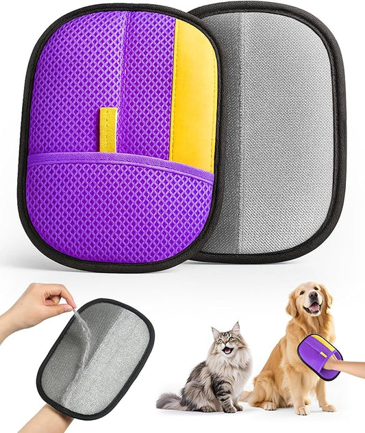 2025 Thickened Electrostatic Pet Hair Removal Gloves (2 Pcs) - Reusable Strong Grooming Gloves for Cats & Dogs, Hair Remover for Couch, Furniture, Carpet, Car Seats & Clothing (Purple)-PurrikoPets