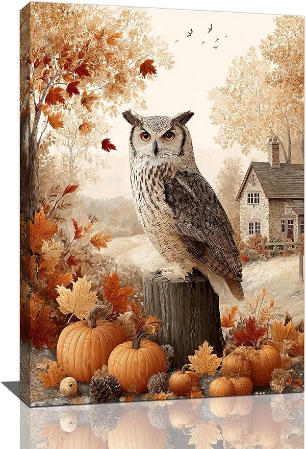 Fall Owl Wall Art Autumn Pumpkin Leaves Wall Decor Rustic Canvas Print Farmhouse Pictures Painting Print Framed Artwork Decorations Gifts for Living Room Bathroom Bedroom Office 16"x24"-PurrikoPets