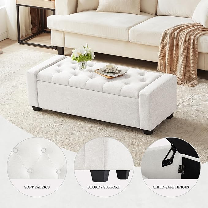 48" Ottoman with Storage, White Storage Ottoman Bench with Safety Hinge, Upholstered Entryway Bench with Seating for Bedroom, Living Room, Holds up to 330 lb-PurrikoPets