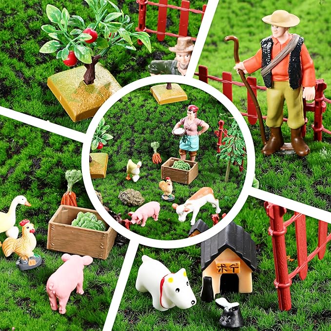 27 Pcs Farm Toys Set, 3 Little Farmer Figurines 9 Plastic Animals Figurines 10 Feed Food Fence Playset 4 Model Trees 1 Moss Mat Animal Farm Toys for Educational School Project Gift-PurrikoPets