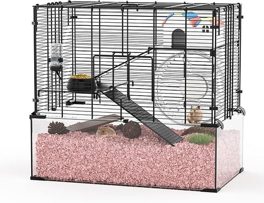 3-Tier Glass Hamster Tank, Large Hamster Cage Habitat with 11inch Big Running Wheel for Rat, Mouse, Gerbil, Syrian Hamster, 370 SQ INCHES-PurrikoPets