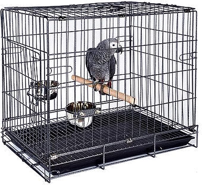 Durable Easy Portable Collapsible Metal Travel or Veterinary Collapsable Parrot Bird Carrier Beaks-Proof Easy Clean Carrier Cage with Stainless Steel Feeder Bowls Natural Wooden Perch-PurrikoPets