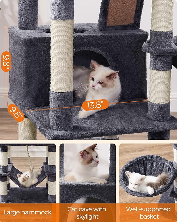 Feandrea Cat Tree, 66.1-Inch Large Cat Tower with 13 Scratching Posts, 2 Perches, 2 Caves, Basket, Hammock, Pompoms, Multi-Level Plush Cat Condo for Indoor Cats, Smoky Gray UPCT165G01-PurrikoPets