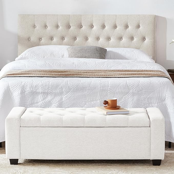 48" Ottoman with Storage, White Storage Ottoman Bench with Safety Hinge, Upholstered Entryway Bench with Seating for Bedroom, Living Room, Holds up to 330 lb-PurrikoPets