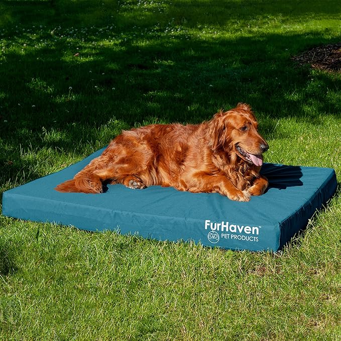Furhaven Water-Resistant Cooling Gel Dog Bed for Large Dogs w/ Removable Washable Cover, For Dogs Up to 95 lbs - Indoor/Outdoor Logo Print Oxford Polycanvas Mattress - Deep Lagoon, Jumbo/XL-PurrikoPets