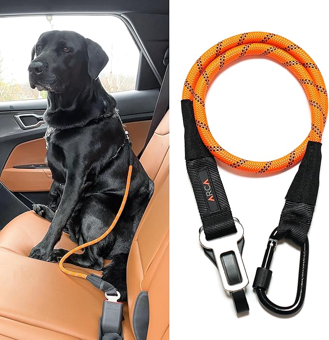 Dog Seat Belt for Car | Universal Dog Car Seatbelt | Durable Reflective Rope with Clip Hook Latch, Buckle and Carabiner- Safe and Secure Pet Safety Restraint (Orange)-PurrikoPets