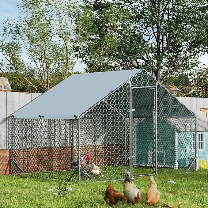 4ever2buy Large Metal Chicken Coop with Run Walk-in Poultry Cage Chicken Runs House Pen Cage Spire Roofed Chicken Coops with Anti-Ultraviolet Cover for Outdoor Backyard Farm Use 9.8’L x 6.6’W x 6.4’H-PurrikoPets
