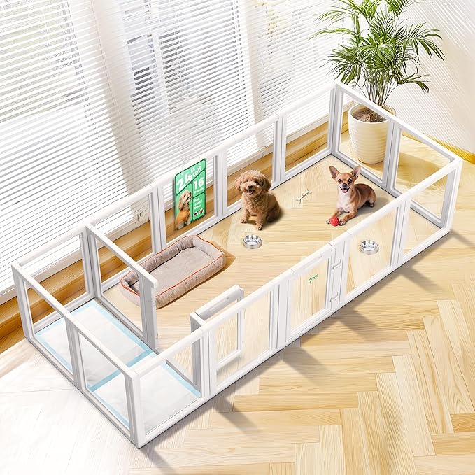 FXW AuraSpace Acrylic Indoor Unleashed Dog Playpen for Puppies and Small Dogs, 24 Inch, 16 Panels, White-PurrikoPets