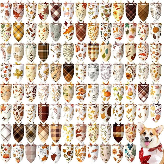 100 Pcs Fall Dog Bandanas Bulk Pet Bibs Colorful Triangle Scarf Autumn Pet Bandanas for Medium Large Dogs Fall Autumn Harvest Festival Costume Decor-PurrikoPets