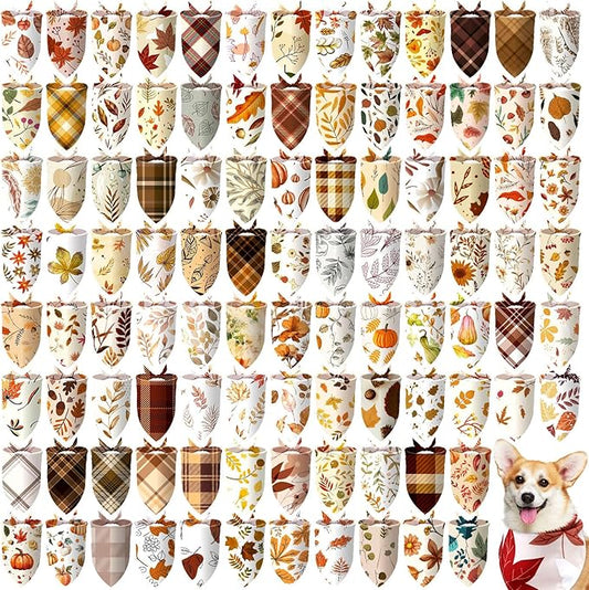 100 Pcs Fall Dog Bandanas Bulk Pet Bibs Colorful Triangle Scarf Autumn Pet Bandanas for Medium Large Dogs Fall Autumn Harvest Festival Costume Decor-PurrikoPets