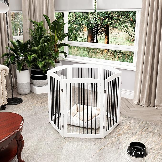 Freestanding Pet Gate for Dogs, Indoor Wooden Foldable Dog Gate for House, Extra Wide, Pet Fence for Stairs, Doorways, Halls, Support Feet Included, 120 Inch Wide, 6 Panels 32",White-PurrikoPets