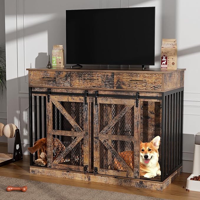 48'' Dog Crate Furniture with Removable Divider & Storage Drawers, Wooden Double Dog Cage TV Stand with 2 Sliding Barn Doors, Multi-Functional Dog Crate End Table for Indoor use (Retro Brown)-PurrikoPets