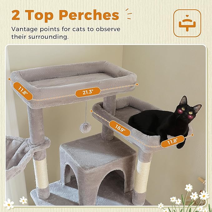 81 Inches Tall Cat Tree for Indoor Cats Large Adult - Heavy Duty Multi-Level Cat Tower with Large Metal Frame Hammock, Scratching Pad, 2 Top Perches, 2 Cozy Condos & 6 Scratching Posts - Gray-PurrikoPets