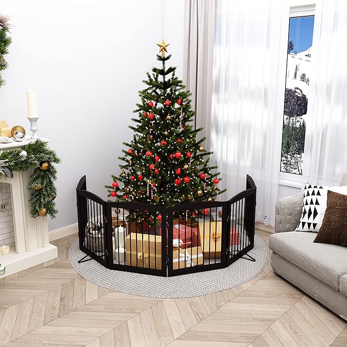 Freestanding Pet Gate for Dogs, Foldable Wooden Dog Gate for House, Extra Wide Indoor Pet Barrier for Stair, Doorway, Hall, Support Feet Included, 120 Inch Wide, 6 Panels 24", Brown-PurrikoPets