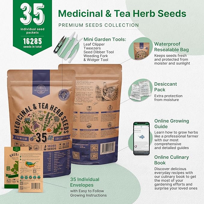 35 Medicinal & Tea Herb Seeds Variety Pack for Indoor & Outdoors. 16,335+ Non-GMO Heirloom Garden Seeds: Anise, Bergamot, Borage, Cilantro, Chamomile, Dandelion, Rosemary Seeds & More-PurrikoPets