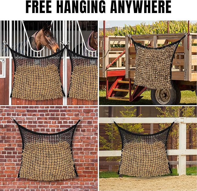 4 PCS Slow Feed Hay Net for Horses, Large Capacity Hay Bags for Horses Goats Sheep Donkey Trailer Full Day Feeding, Easy to Fill and Hang, Black, 35 x 31 Inch-PurrikoPets