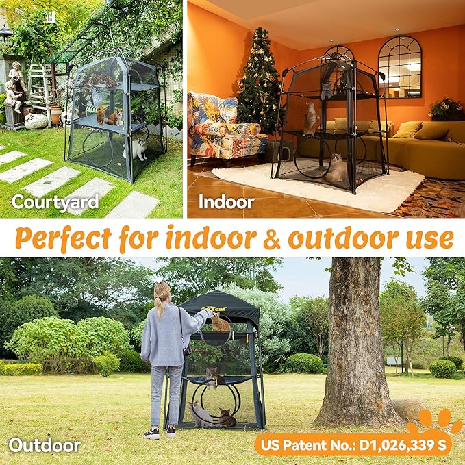 Extra Large Catio Outdoor Cat Enclosure,3 Tier Cat Tower Tent Weatherproof & Sunproof with 3 Doors, Foladable and Portable for Patio, Deck,Camping, Indoor & Outdoor(Patented)-Wave Shade-PurrikoPets
