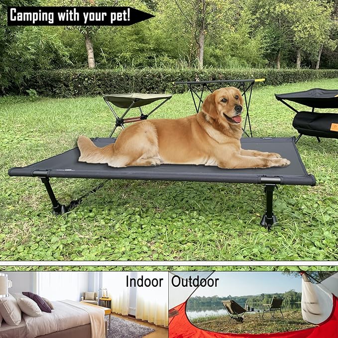 Folding Elevated Dog Bed – Portable Collapsible Raised Dog Cots Cooling Pet Bed with Aluminum Frame, Lever Locking System, Breathable Mesh for Camping, Beach, Lawn, Travel-PurrikoPets