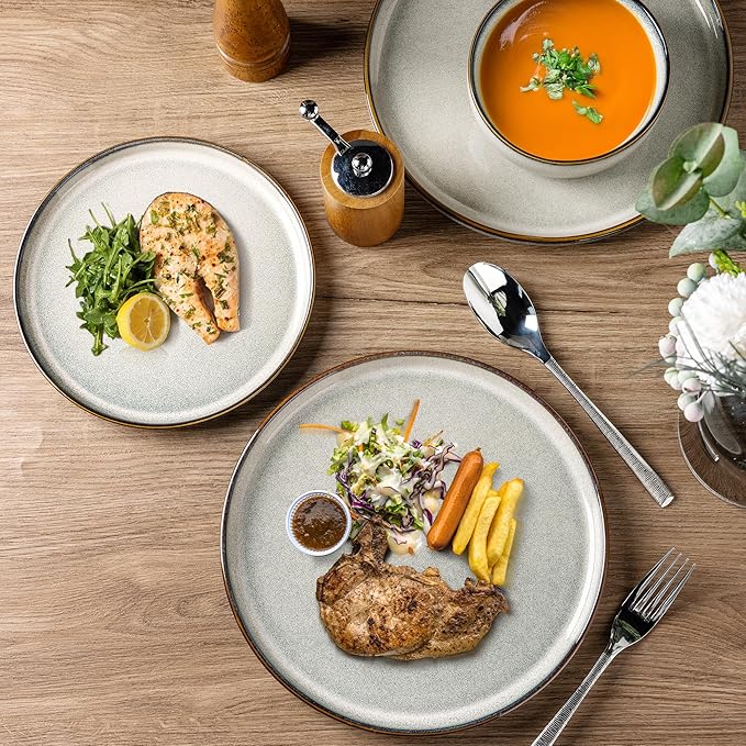 GBHOME Ceramic Dinnerware Sets for 6, 18 Pieces Stoneware Plates and Bowls Sets, Reactive Glaze Dishes -Scratch Resistant, Dishwasher&Microwave Safe, Green Wheat-PurrikoPets