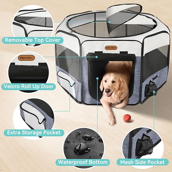 Dog Playpen, Portable Pet Play Pen Foldable Carrying Case, Puppy Pens Outsid for Small Cat Indoor/Outdoor, Removable Mesh Shade Cover-PurrikoPets