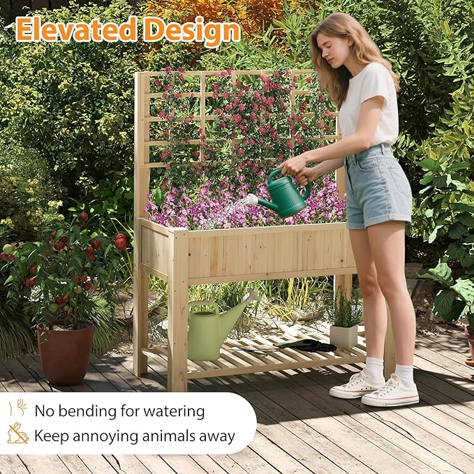 Giantex Raised Garden Bed with Trellis, Wooden Elevated Planter Box with Legs, Drainage Holes for Climbing Plants Vines Vegetables Flowers Herbs, Outdoor Horticulture Planter for Patio Yard-PurrikoPets