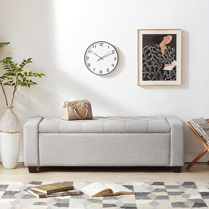 48" Ottoman with Storage, Storage Ottoman Bench with Safety Hinge, Upholstered Entryway Bench with Seating for Bedroom, Living Room, Holds up to 330 lb(Light Gray)-PurrikoPets