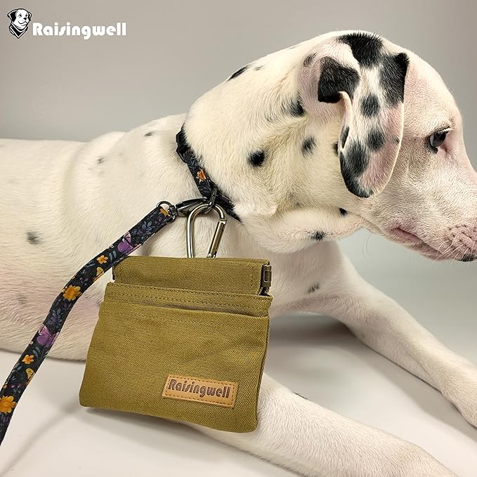 Dog Treat Pouch, Brown Pocket Sized Pet Training Pouch, Cotton Fabric, Hand Free Dog Walking Bag with Carabiner, Self-Closing Pet Feed Snack Reward, for Puppy Travel or Outdoor Use-PurrikoPets