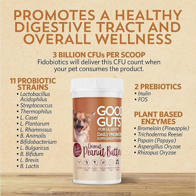 Fidobiotics Good Guts for Lil Mutts Probiotic for Dogs, Billions of CFUs, 11 Strains, 5 Digestive Enzymes, 2 Prebiotics, Digestive Gut Health for Dogs, Adult & Puppy Probiotics Supplements (30 Days)-PurrikoPets