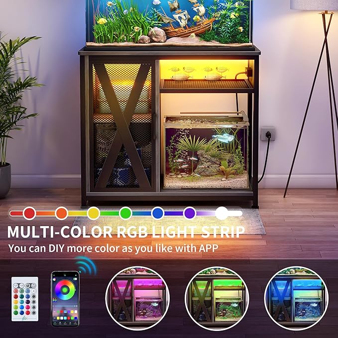 DWVO 40-50 Gallon Aquarium Stand with Power Outlets & LED Light, Cabinet for Fish Tank Accessories Storage - Metal Fish Tank Stand Suitable for Turtle, Reptile Terrarium, 660LBS Capacity, Grey-PurrikoPets