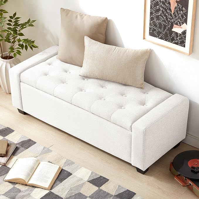 48" Ottoman with Storage, White Storage Ottoman Bench with Safety Hinge, Upholstered Entryway Bench with Seating for Bedroom, Living Room, Holds up to 330 lb-PurrikoPets