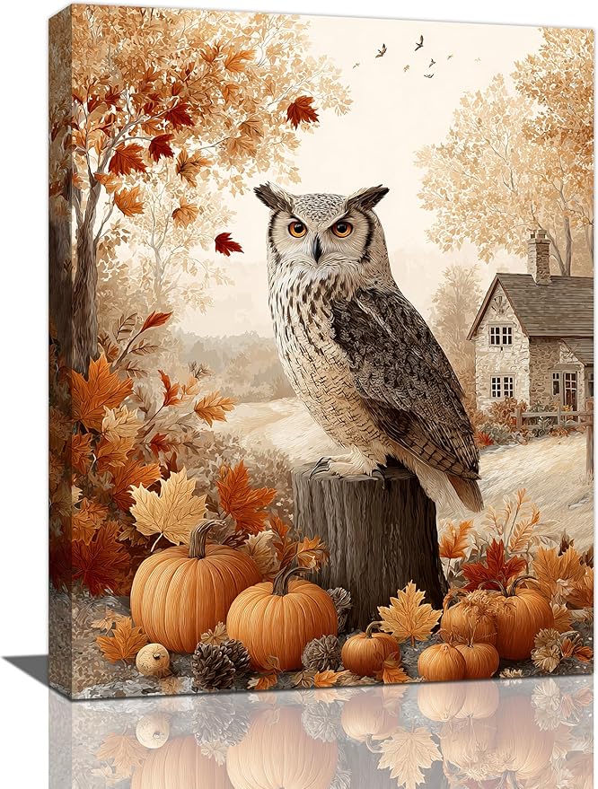 Fall Owl Wall Art Autumn Pumpkin Leaves Wall Decor Rustic Canvas Print Farmhouse Pictures Painting Print Framed Artwork Decorations Gifts for Living Room Bathroom Bedroom Office 12"x16"-PurrikoPets