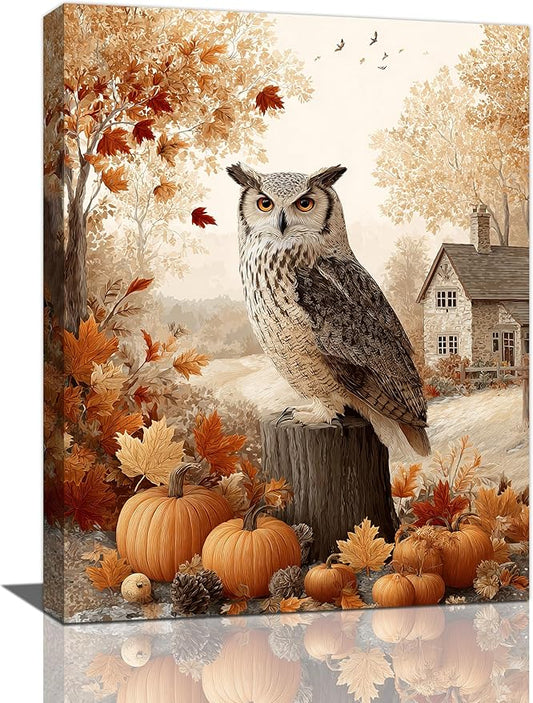 Fall Owl Wall Art Autumn Pumpkin Leaves Wall Decor Rustic Canvas Print Farmhouse Pictures Painting Print Framed Artwork Decorations Gifts for Living Room Bathroom Bedroom Office 12"x16"-PurrikoPets