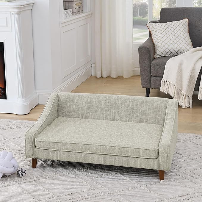 Dog Sofa Couch for Medium to Large Dogs, Durable Pet Sofa with Washable Fabric, Elevated Mini Dog Bed with Wooden Legs for Medium and Large Dogs, Beige-PurrikoPets