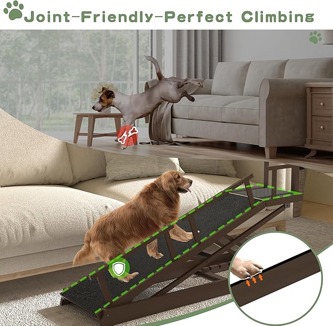 6 Level Height Adjustable Dog Ramp for Bed, Couch 65" Foldable Pet Ramp with Non-Slip Mat，DIY Glow Strips & Rest Platform Heavy Duty Dog Stairs for Large Dogs up to 200Lbs ，Brown-PurrikoPets